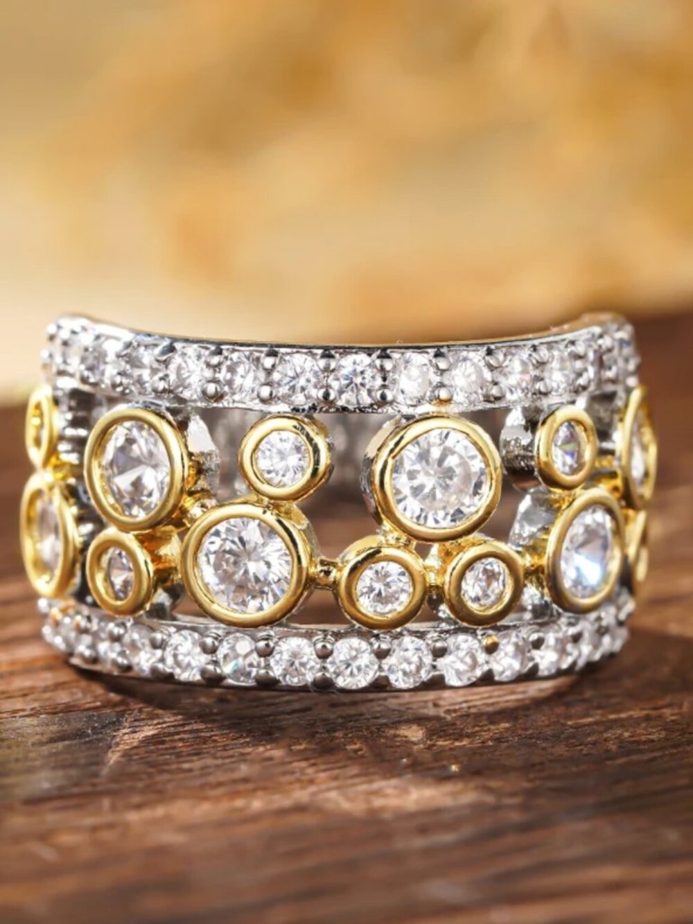 NEW 18k Yellow & White Gold Diamond Ring Two Tone Ring Pave Bezel Diamond